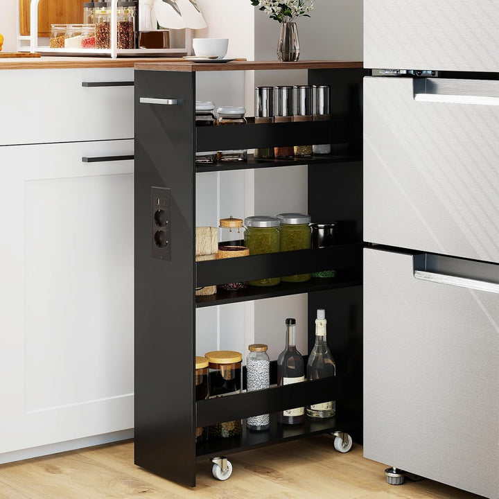 COSTWAY Nischenwagen 20cm breit, 4 Etagen Küchenwagen schmal mit Ladestation, Nischenregal auf Rolle