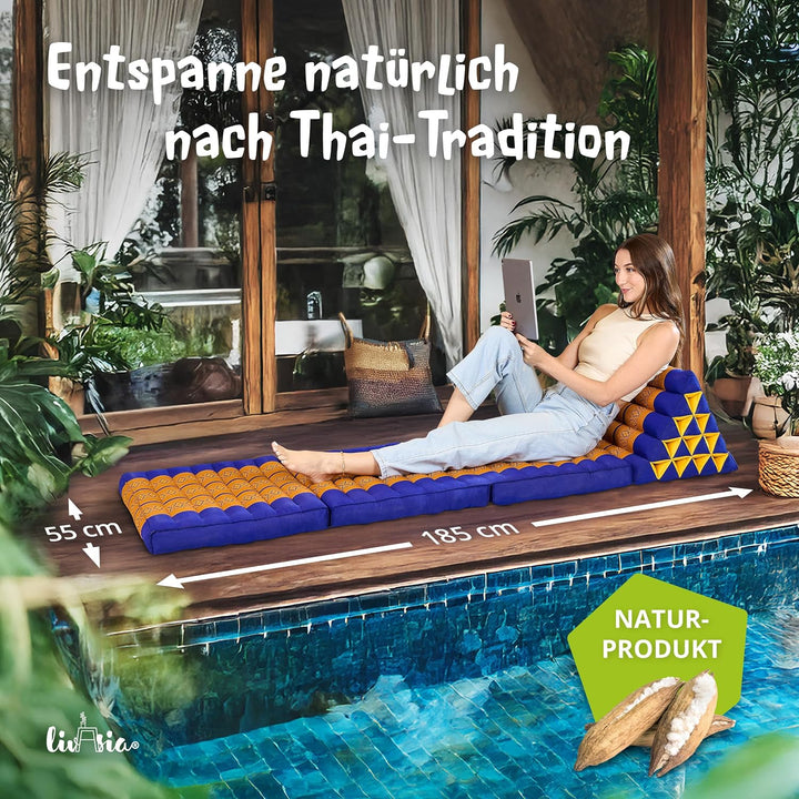 livasia Thaikissen 3 Auflagen extrahoch - 185x55x8cm - Dreieckskissen mit Klappmatratze, Kapok, Jumb