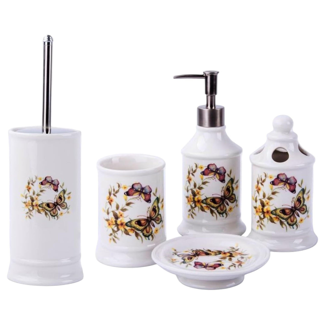 GMMH Landhaus Vintage BADSET Schmetterlinge Badezimmer ZUBEHÖR Set SEIFENSPENDER WC BÜRSTE Keramik (
