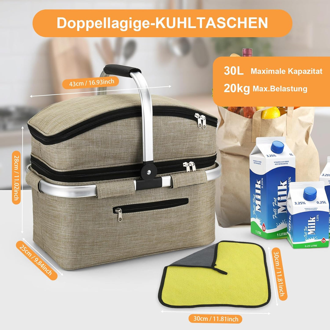 Nagoyuki 30L Einkaufskorb, Kühltasche, Faltbarer Kühlkorb, Doppellagige Einkaufstasche, Praktischer