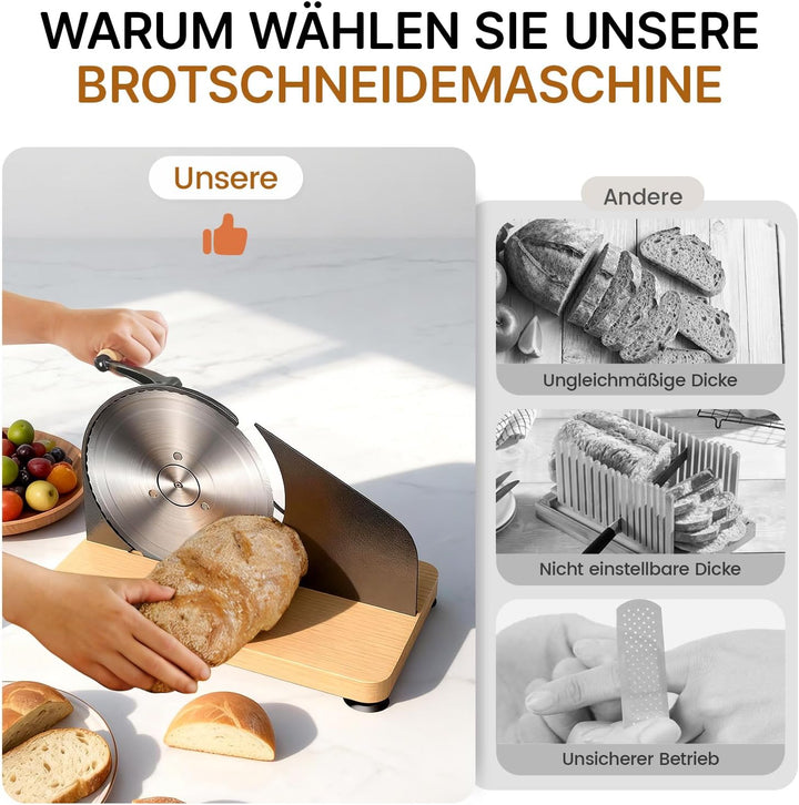 Brotschneidemaschine Manuell mit Handkurbel | Einstellbare Scheibendicke | Scharfe Edelstahlklinge &amp;