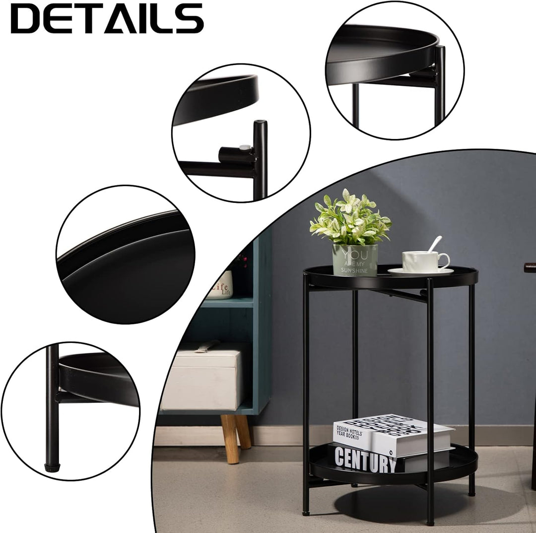 HollyHOME Runder Beistelltisch, 2 Ebenen Beistelltisch Metalltablett, Snacktisch, Couchtisch, Teetis