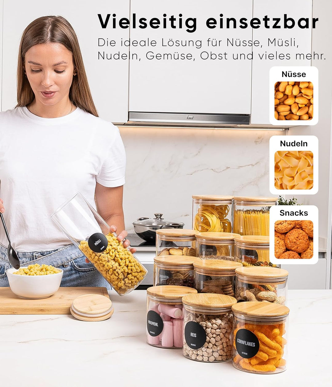 Deco haus® Vorratsgläser mit Deckel luftdicht + Etiketten [8er KOMBI SET] - Für Müsli, Cornflakes, M