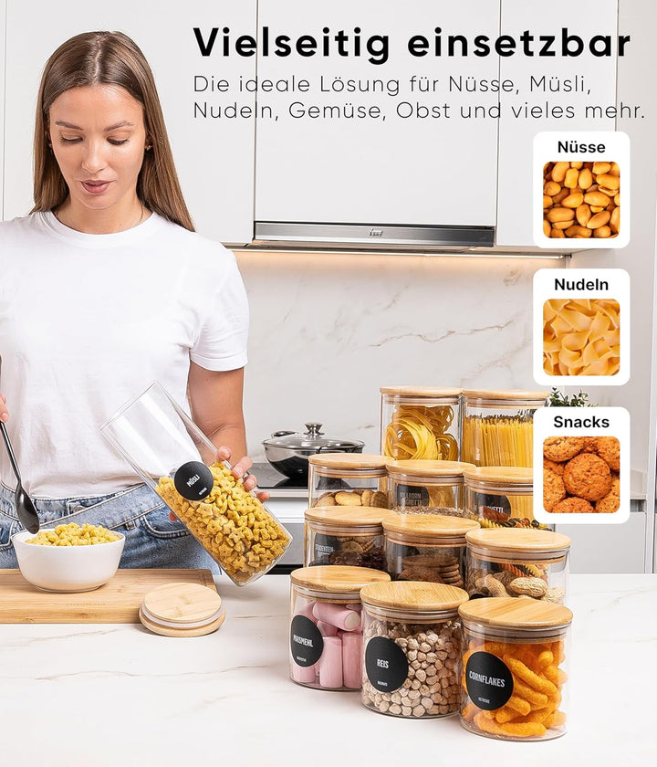 Deco haus® Vorratsgläser mit Deckel luftdicht + Etiketten [6er KOMBI SET] - Für Müsli, Cornflakes, M