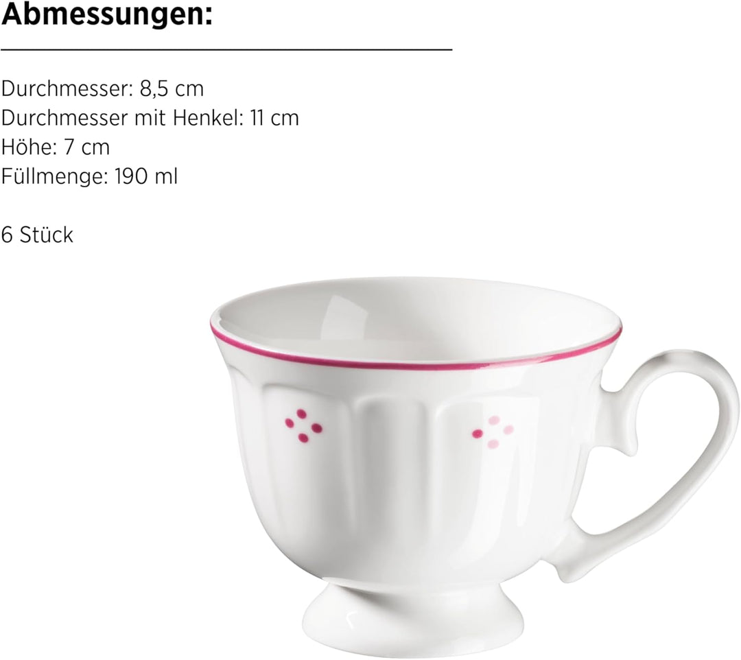 Mäser Serie Lova, Kaffeeservice 18-teilig Porzellan – 6 Dessertteller 19,5 cm, 6 Tassen 19 cl & 6 Un