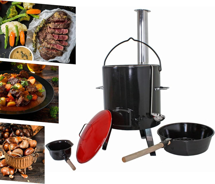 Schauer Gulaschkessel Gulaschkanone mit Topf 14 Liter | Eintopfofen mit Grillfunktion emailliert mit