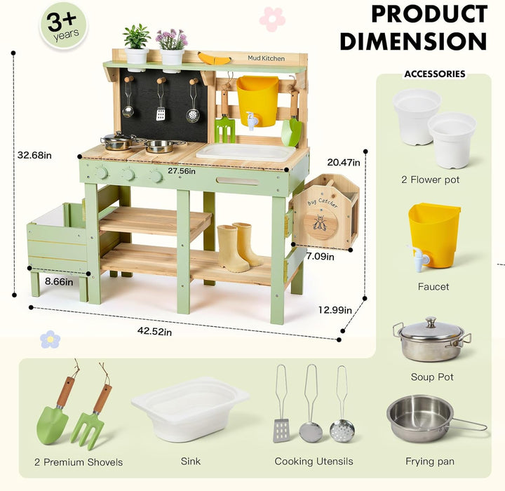 Labebe Matschküche Kinder Outdoor, 3-in-1 Matschküche mit Pflanzkasten und Insekten-Beobachtungsbox,