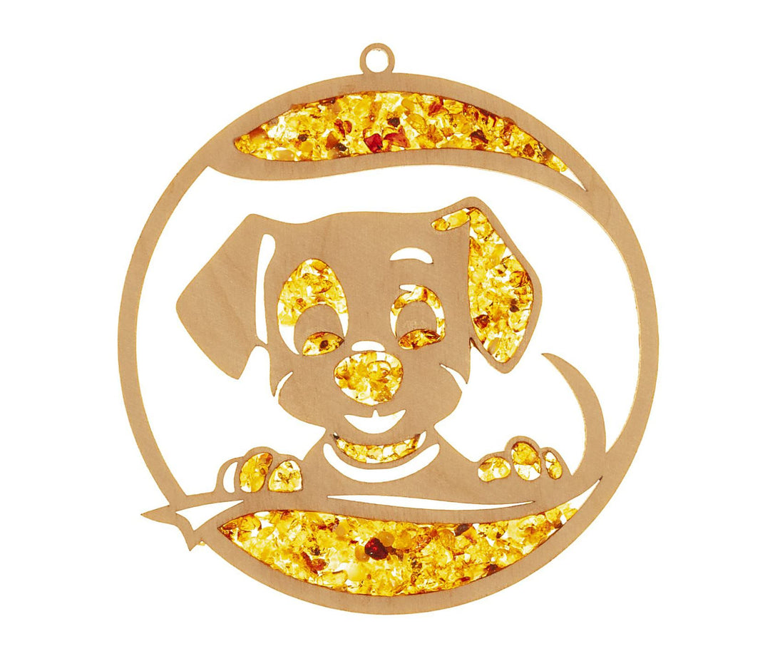 Raduly Sonnenfänger Suncatcher Bernstein in Birkenholz Hund Fensterbild Fensterdeko, Ø 10, Hund