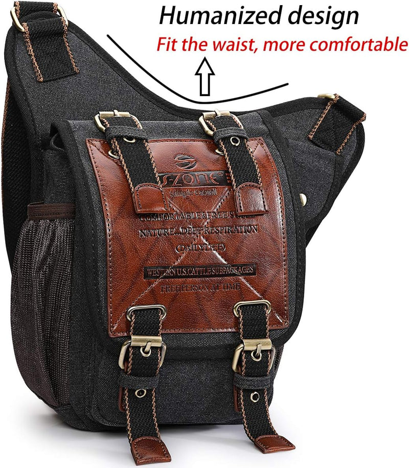 S-ZONE Unisex Herren Brusttasche Vintage Canvas PU Leder Militär Multifunktionale Schultertasche für