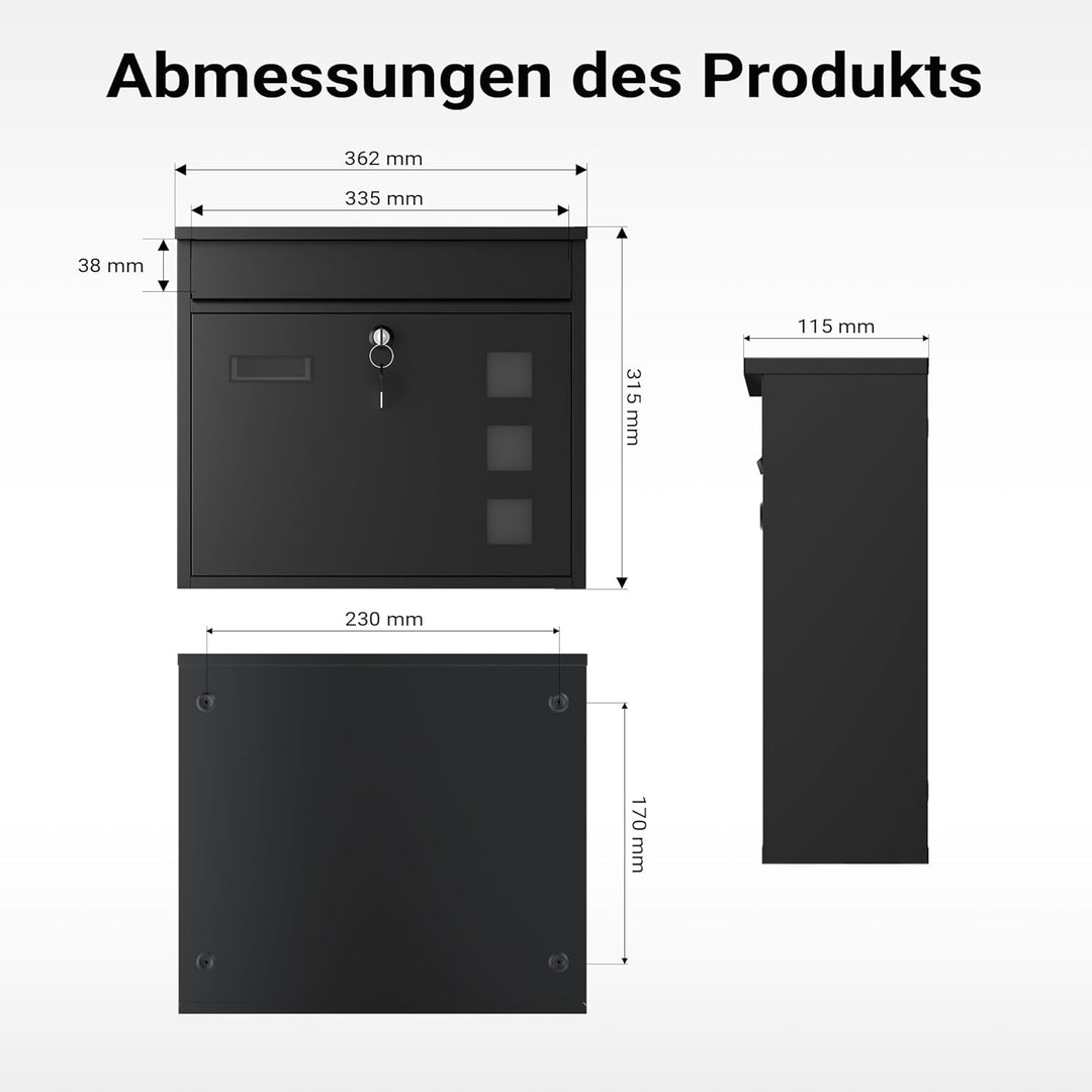 Wiltec Briefkasten V12 schwarz 360 x 115 x 315 mm, Wandbriefkasten mit Schloss, Sichtfenstern und Na