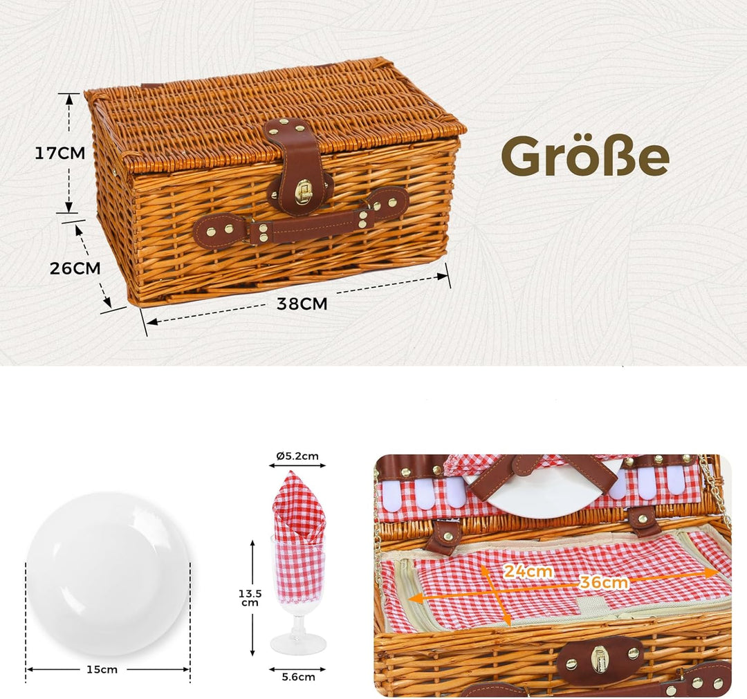 Picknickkorb Set für 2 Person mit Kühlfach, Abnehmbarer Riemen, Weinbeutel, Besteck Set, für Camping