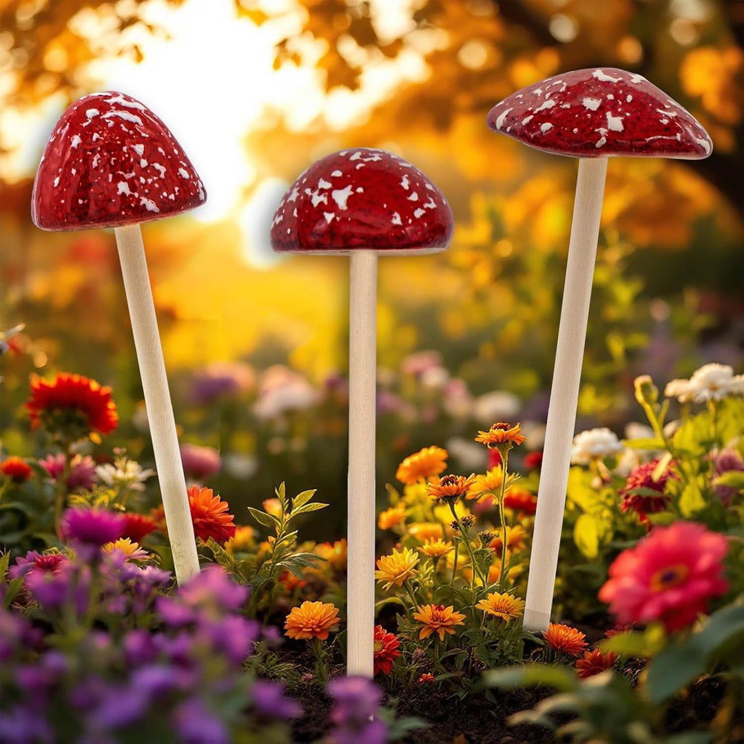Spetebo Steingut Deko Pilz Gartenstecker 24 x 6 cm - 3er Set - Fliegenpilz Blumenstecker zur Herbstd