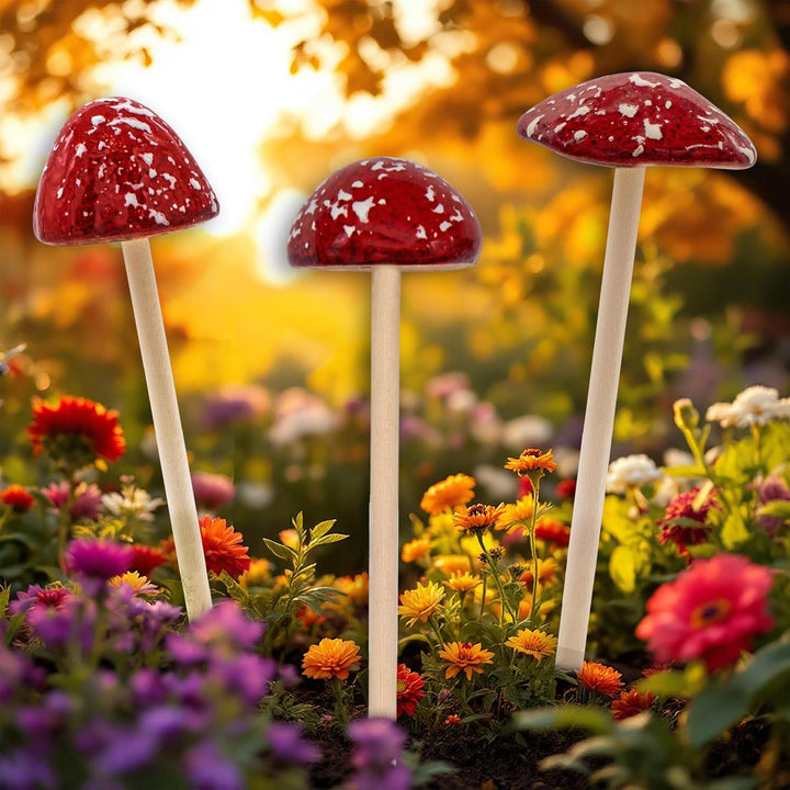 Spetebo Steingut Deko Pilz Gartenstecker 24 x 6 cm - 3er Set - Fliegenpilz Blumenstecker zur Herbstd