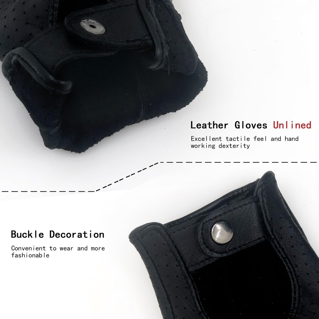 ZLUXURQ Herren-Lederhandschuhe Vollmaschige Fingerlose Halbfinger-Fahrhandschuhe, Large-9.5" Schwarz