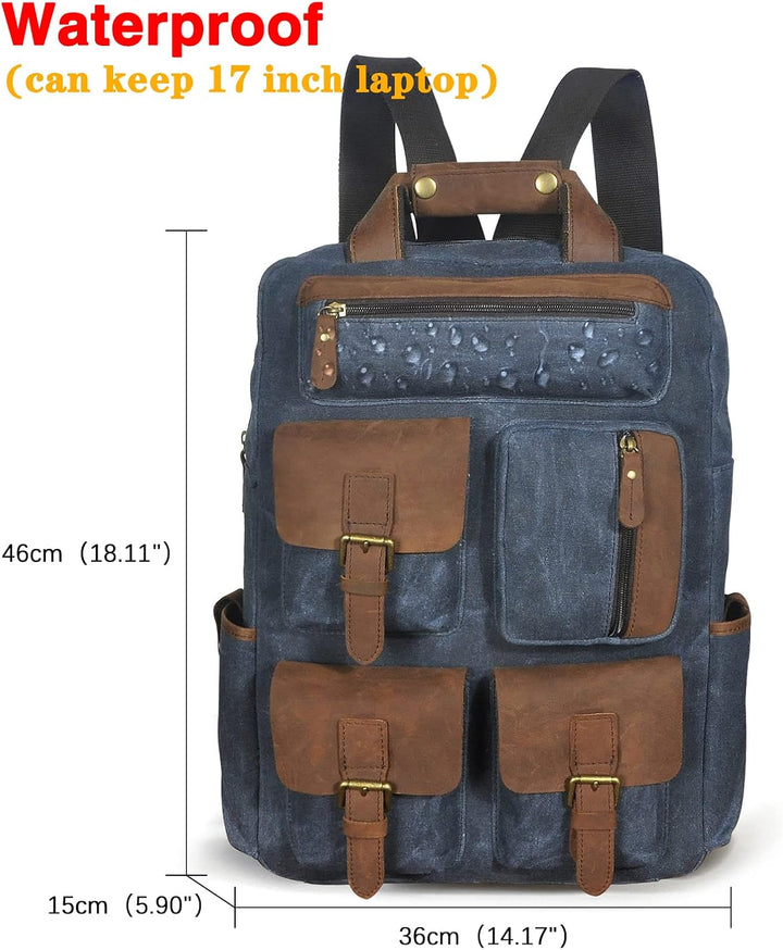 Le'aokuu Wasserdichter Unisex-Rucksack aus Segeltuch und echtem Leder, Tagesrucksack, mehrere Tasche