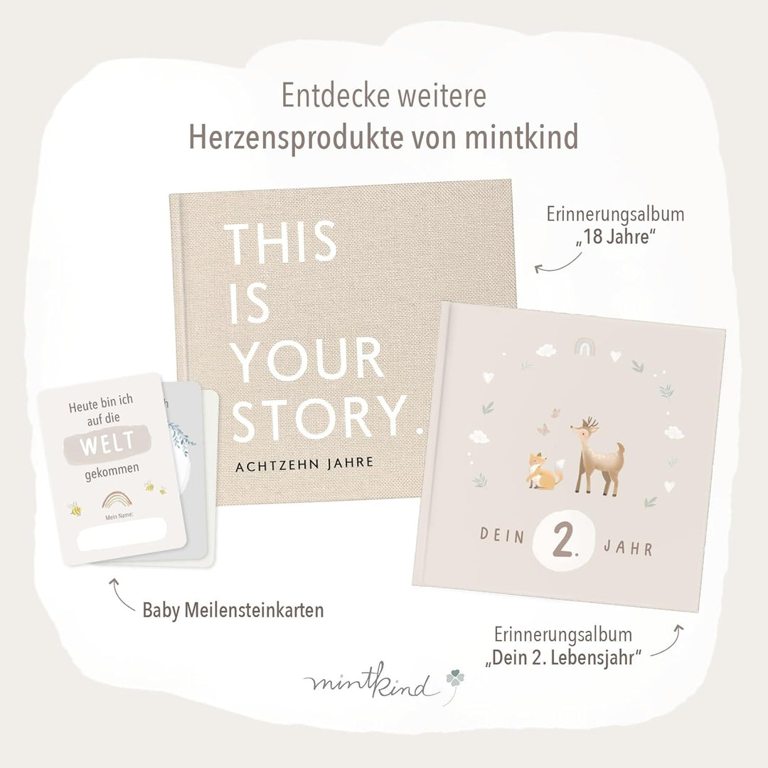 mintkind® Mein erstes Jahr Babyalbum Beige Leinen – zeitloses Babytagebuch mit 176 Seiten und Sticke