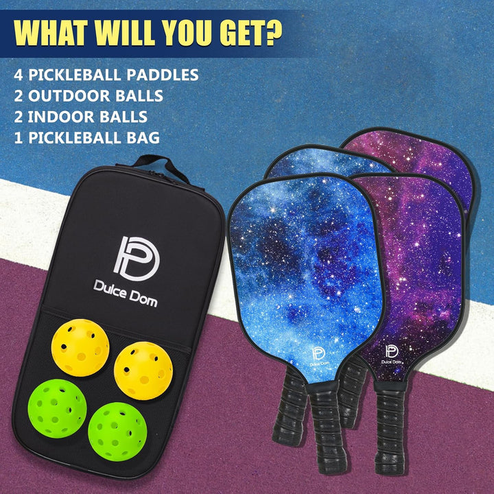 DULCE DOM Pickleball Schläger Set 4er mit 4 Bällen und Tasche Blau Violett*4, Blau Violett*4