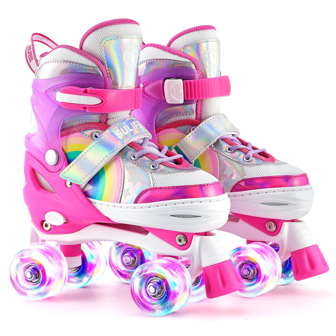 SULIFEEL Rainbow Unicorn Verstellbare Rollschuhe für Kinder mit Leuchtenden Rädern für Mädchen und J