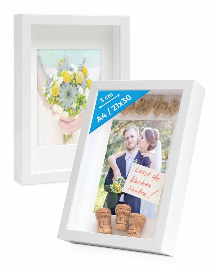 PHOTOLINI 3D Bilderrahmen zum Befüllen 21x30 A4 Weiss, 3 cm tiefer Objektrahmen mit Glas, 2X tiefer