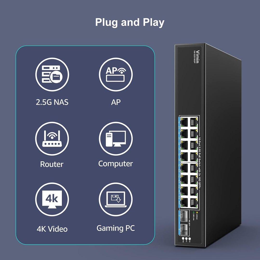 16 Port 2.5G PoE Switch Unmanaged mit 2X 10Gbps SFP, VIMIN 16x 2.5G Base-T PoE Ports, 10G SFP PoE Sw