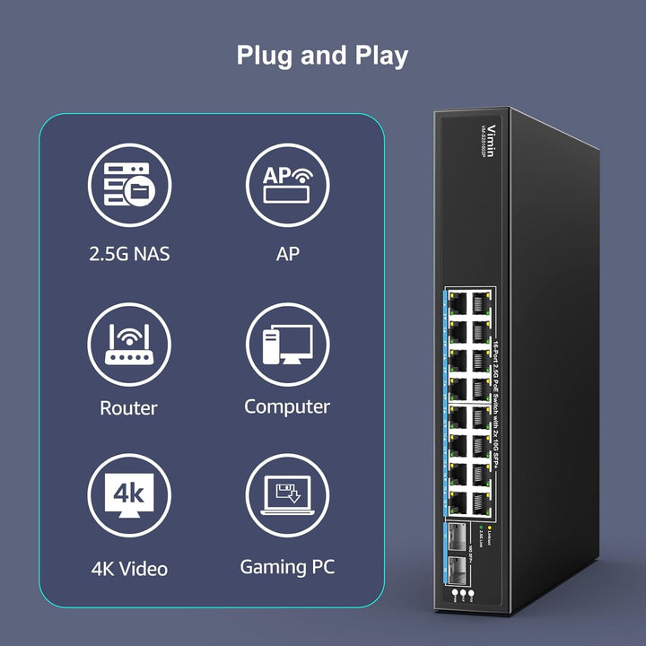16 Port 2.5G PoE Switch Unmanaged mit 2X 10Gbps SFP, VIMIN 16x 2.5G Base-T PoE Ports, 10G SFP PoE Sw
