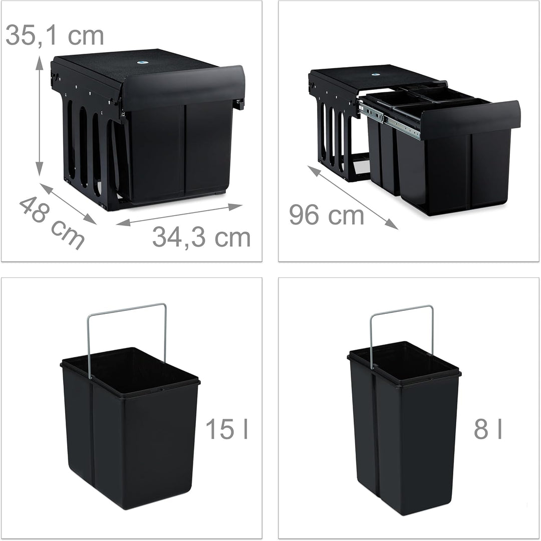 Relaxdays Einbaumülleimer 3-fach, ausziehbar, Küchenmülleimer für Unterschrank, 15l & 2x 8l, 35,1x34