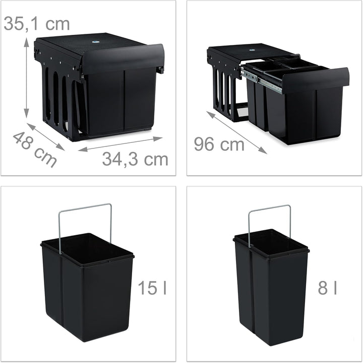 Relaxdays Einbaumülleimer 3-fach, ausziehbar, Küchenmülleimer für Unterschrank, 15l & 2x 8l, 35,1x34