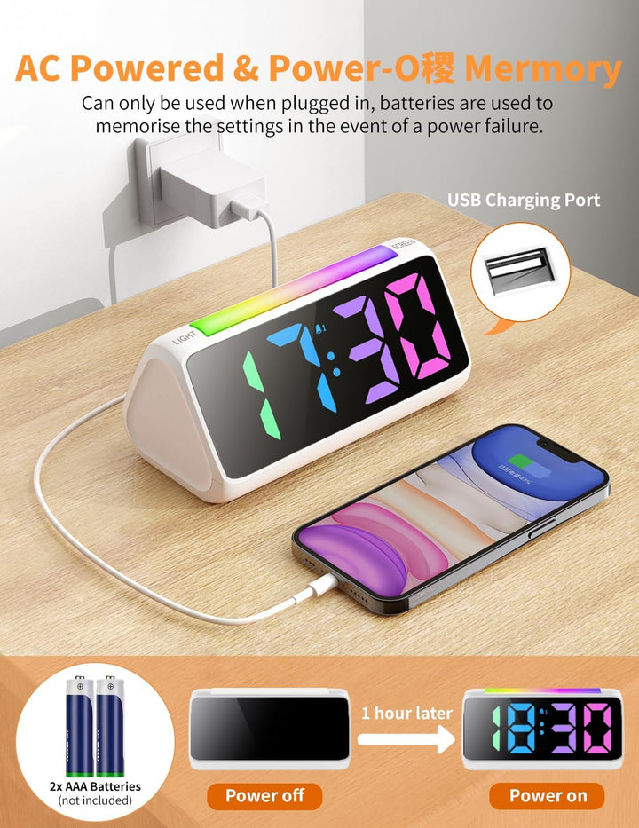 Wecker Digital, Digitaler Wecker Kinder mit Licht, Bunter LED Anzeige, 0-100% Helligkeitsdimmer, 2 A