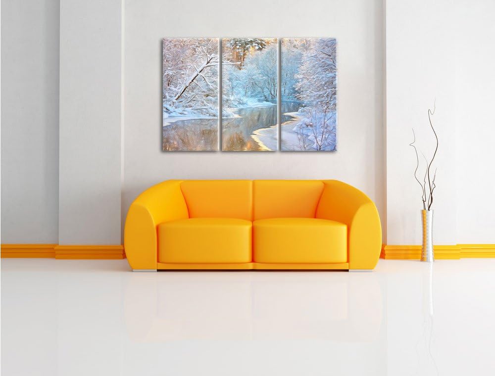 Pixxprint Atemberaubende Winterlandschaft Bunstift Effekt 3-Teiler Leinwandbild 120x80 Bild auf Lein