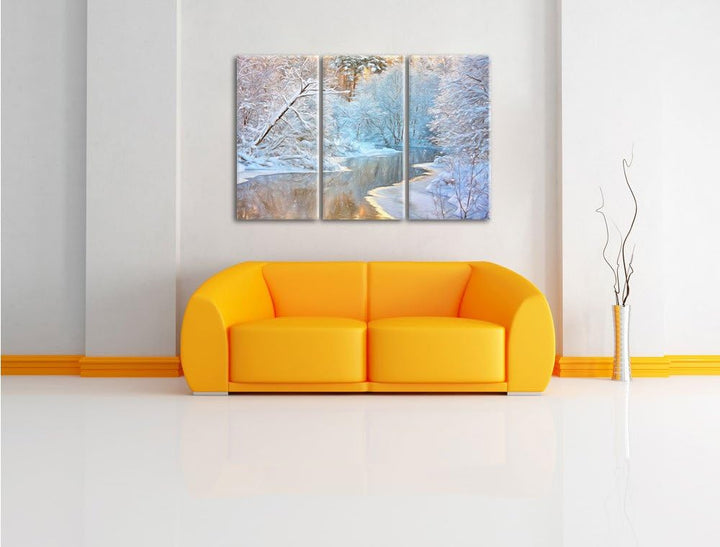 Pixxprint Atemberaubende Winterlandschaft Bunstift Effekt 3-Teiler Leinwandbild 120x80 Bild auf Lein