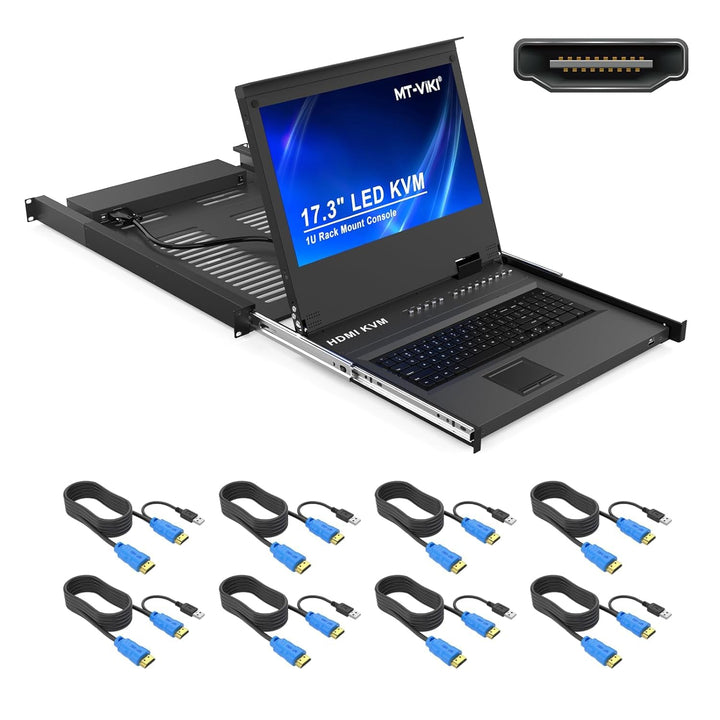 MT-VIKI 1U HDMI LCD KVM Konsole 8 Port mit 17.3'' LCD Monitor für 1HE 19'' 600-800mm Schrank Schubla