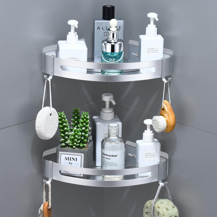 Duschregal Ecke, Duschablage Ohne Bohren Metall Eckregal Bad mit 4 Haken Badezimmer Regal für Shampo