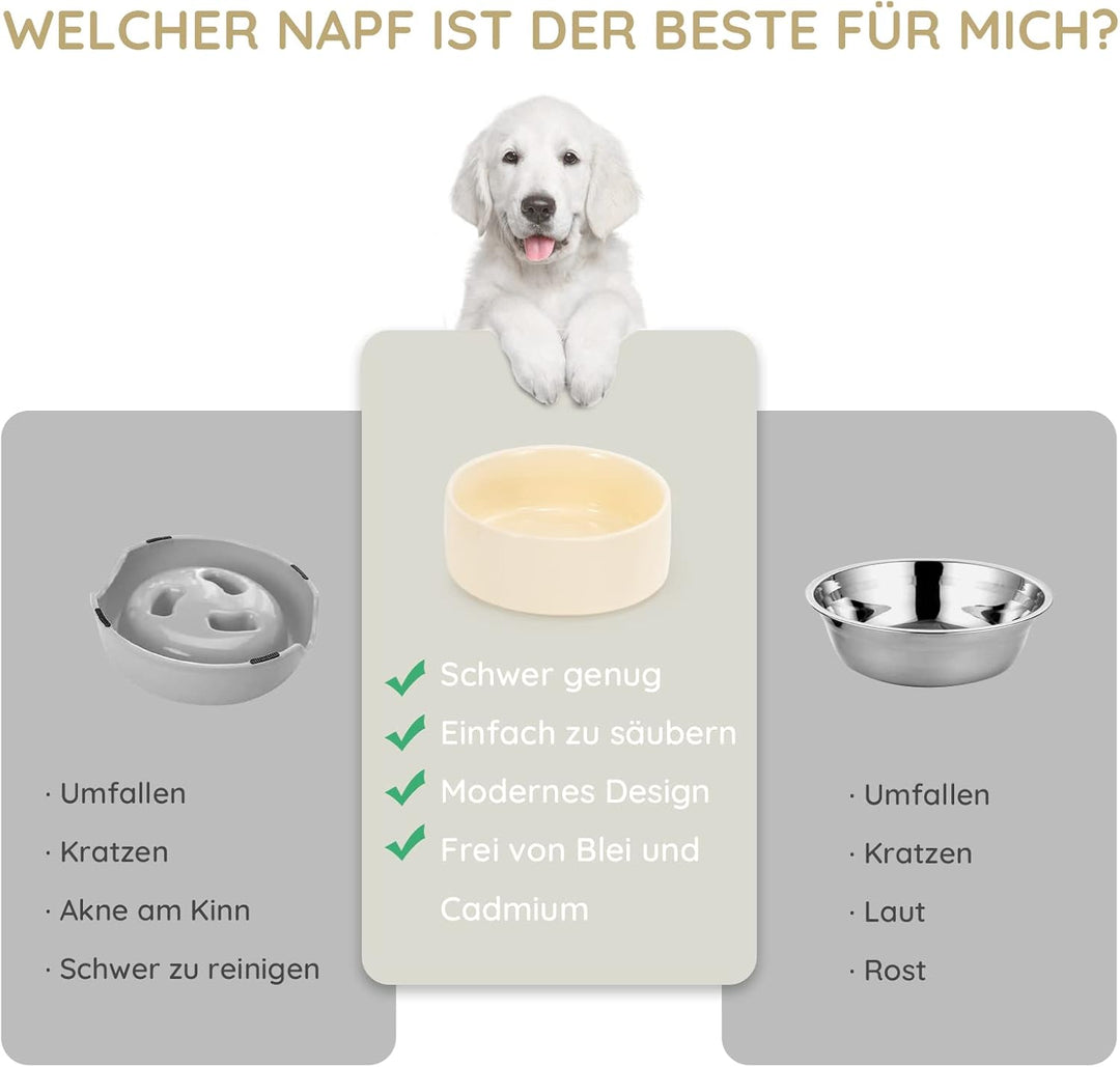 SPUNKYJUNKY Keramik Doppel Futternapf mit Bambus Ständer für Katzen und Hunde (400ml, Beige) Beige D