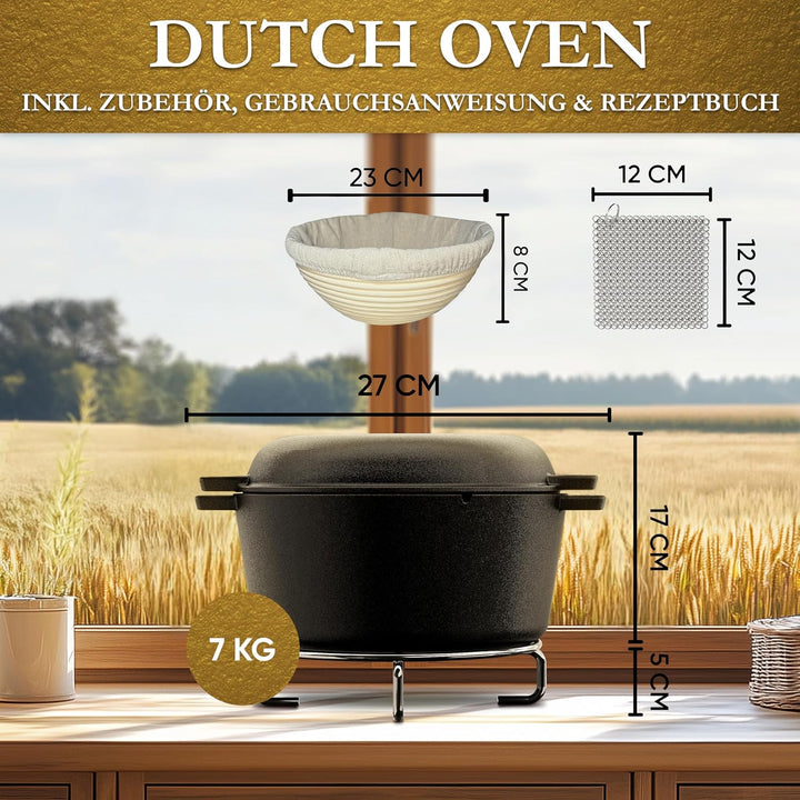 2in1 Gusseisen Brotbackform mit Gärkörbchen–Eingebrannter Gusseisen Topf Brot Backen 4,8L & Grillpfa