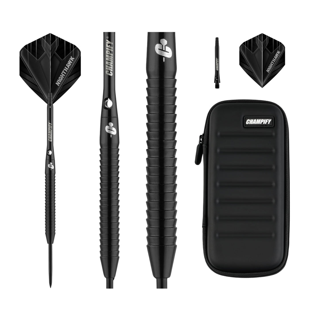 Champify® 90% Tungsten Darts Set mit schwarzer Darttasche| 3 Steeldarts mit 9 Alu-Schäften & 9 Fligh