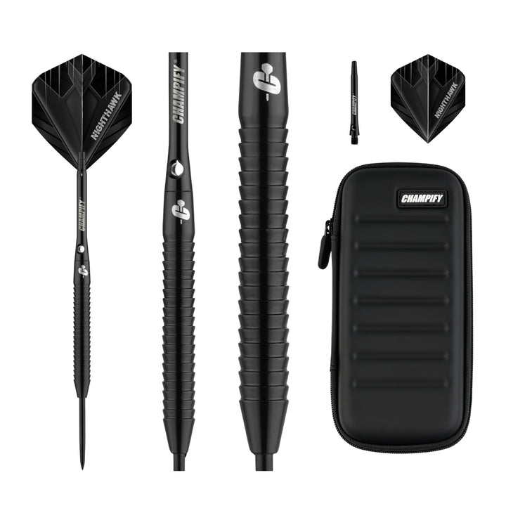Champify® 90% Tungsten Darts Set mit schwarzer Darttasche| 3 Steeldarts mit 9 Alu-Schäften & 9 Fligh