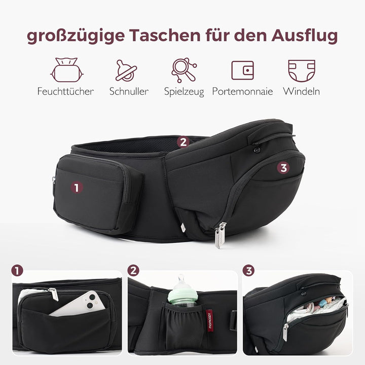 Momcozy Babytrage mit Hüftkissen, 2-in-1 Verstellbare &amp; Abnehmbare Babytrage bis 20kg, Atmungsaktive