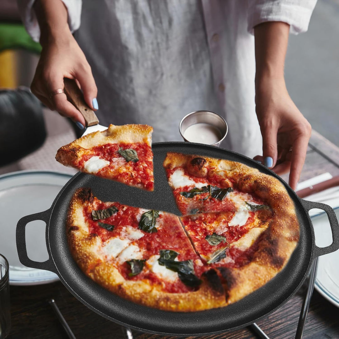 NutriChef Flache Gusseisen-Pizza-Pfanne, 33 cm, vielseitige, voreingebrannte runde Grillplatte mit i