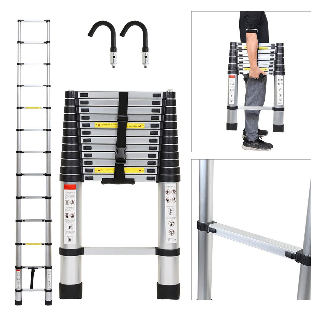 Eulenke 3,8M Teleskopleiter, Rutschfester Aluminium Multifunktionsleiter, Stehleiter mit 2 mit Abneh