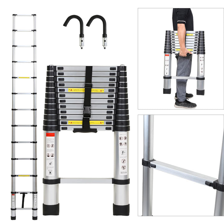 Eulenke 3,8M Teleskopleiter, Rutschfester Aluminium Multifunktionsleiter, Stehleiter mit 2 mit Abneh