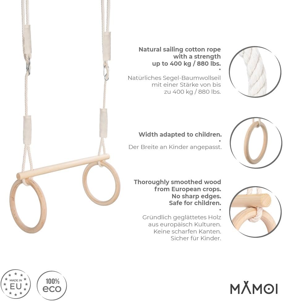 MAMOI® Turnringen Trapez Schaukel 2 in 1 Multifunktions mit Holz Ringe Trapez zum aufhängen bis 50kg