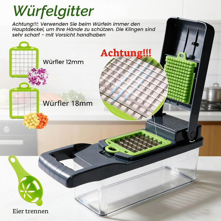 16-in-1 Gemüseschneider & MandoIine – Multifunktionaler Gemüsehobel mit Auffangbehälter, Abtropfkorb
