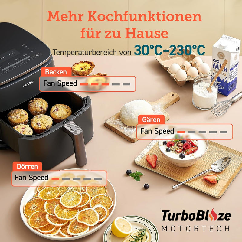 Cosori Turboblaze Heissluftfritteuse Airfryer, 9-in-1 Air Fryer XXL 6L, leiser DC Motor mit 5 Geschw