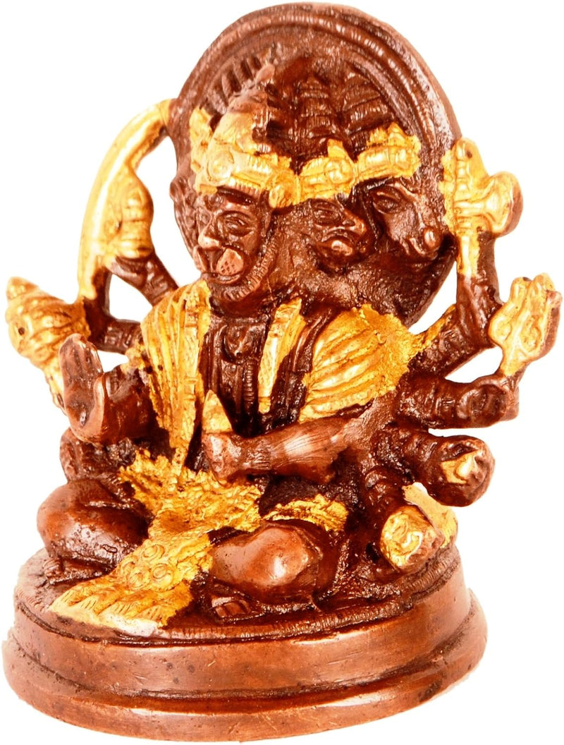 Purpledip Brass Idol Hanuman/Bajrangbali in Panchmukhi Avatar: Unique Copper Gold Finish for Home Te