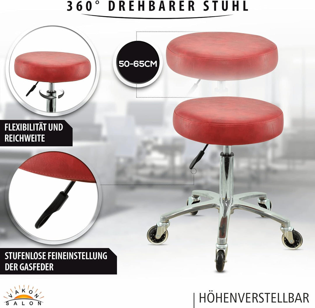 VAKON SALON - Premium Rollhocker Rot - Höhenverstellbar von 50-65 cm - Rundsitz Drehhocker Arbeitsho