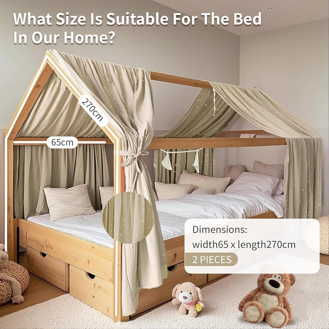 Hausbett Himmel mit Gold Applikation 2 Stück, handgefertigt aus 100% Baumwoll-Musselin, Stoffhimmel