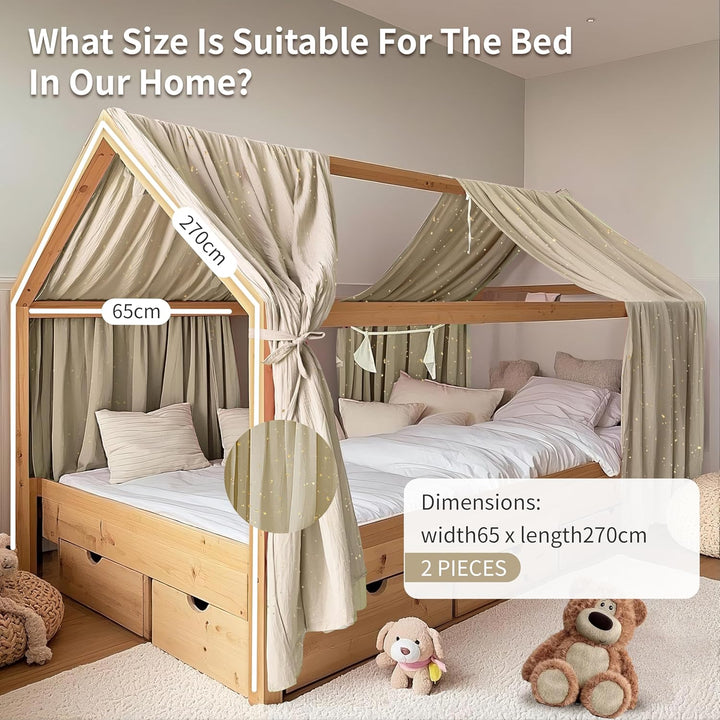 Hausbett Himmel mit Gold Applikation 2 Stück, handgefertigt aus 100% Baumwoll-Musselin, Stoffhimmel
