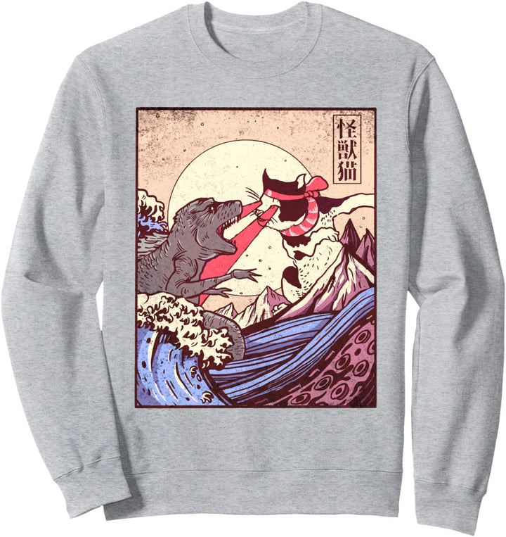 Vintage Retro Japanese Great Wave Cat Vs Monster Otaku Manga Sweatshirt