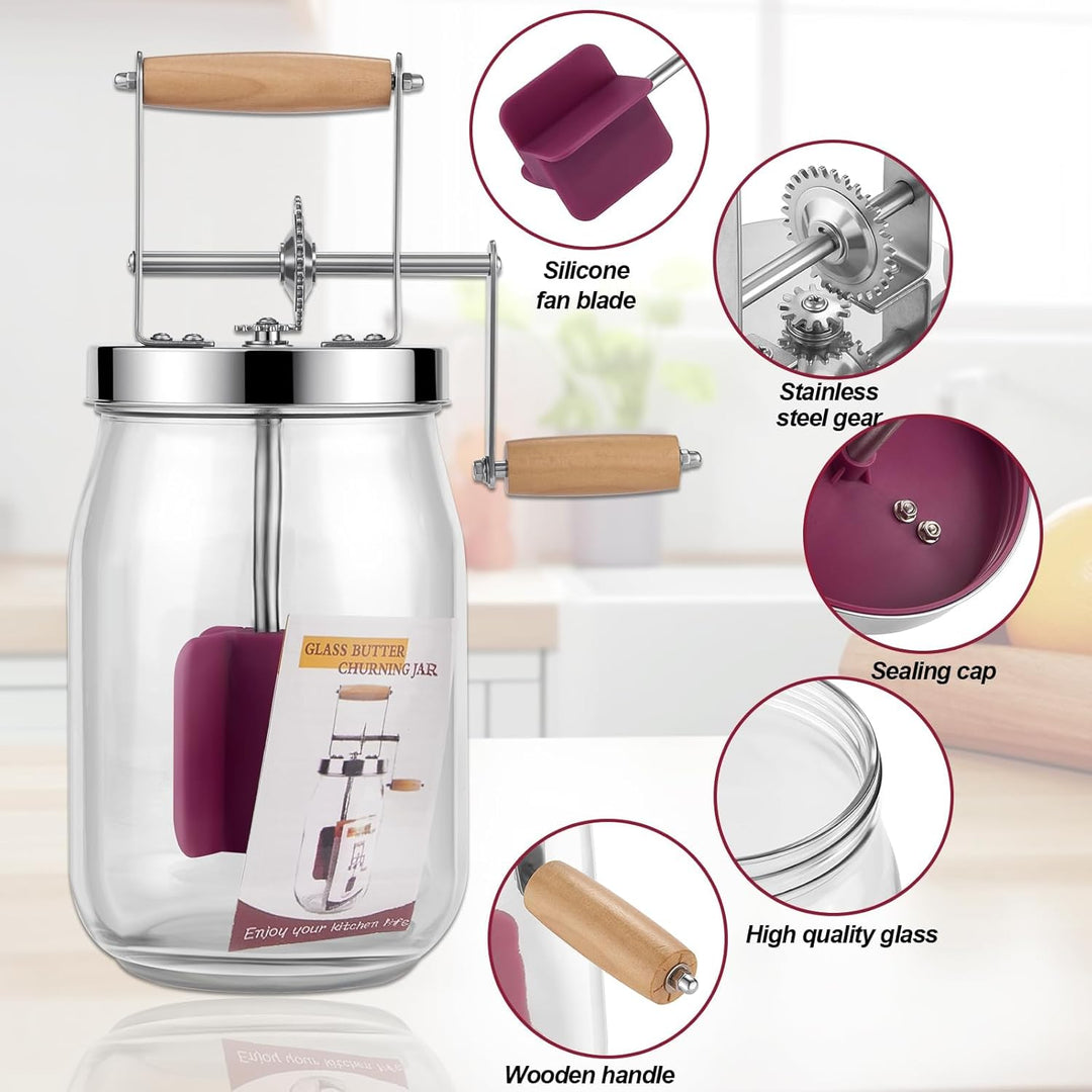 Butterfass Glas mit Handkurbel, 1,5L Butterfass Zum Butter Machen Mit Holzgriff Edelstahlgetriebe Ma