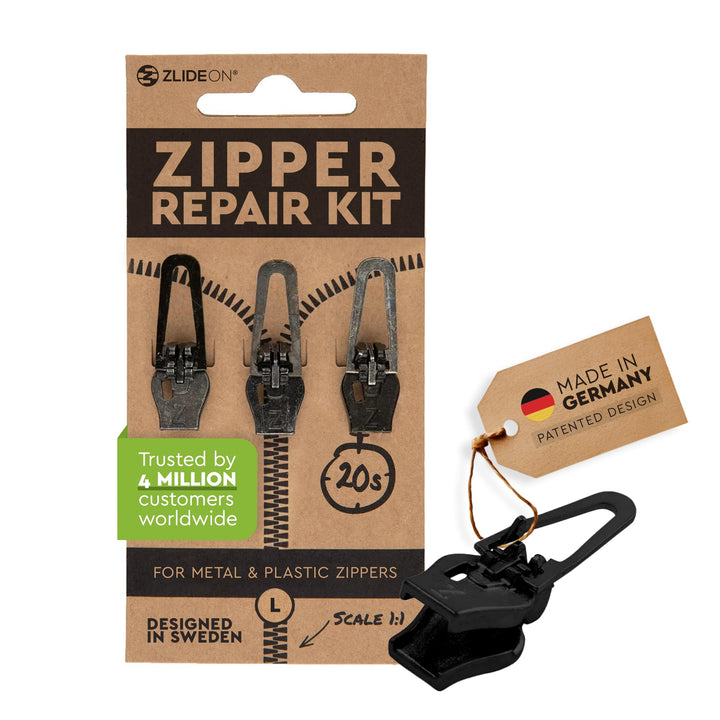 ZlideOn Reissverschluss Ersatz - 3 Stk., Schwarz, Gross - Instant Zipper Reissverschluss Schieber Mu